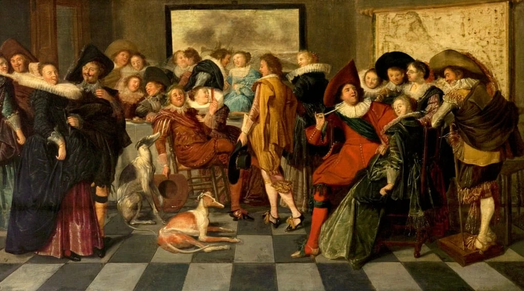 Un interno con un'elegante compagnia che fa festa